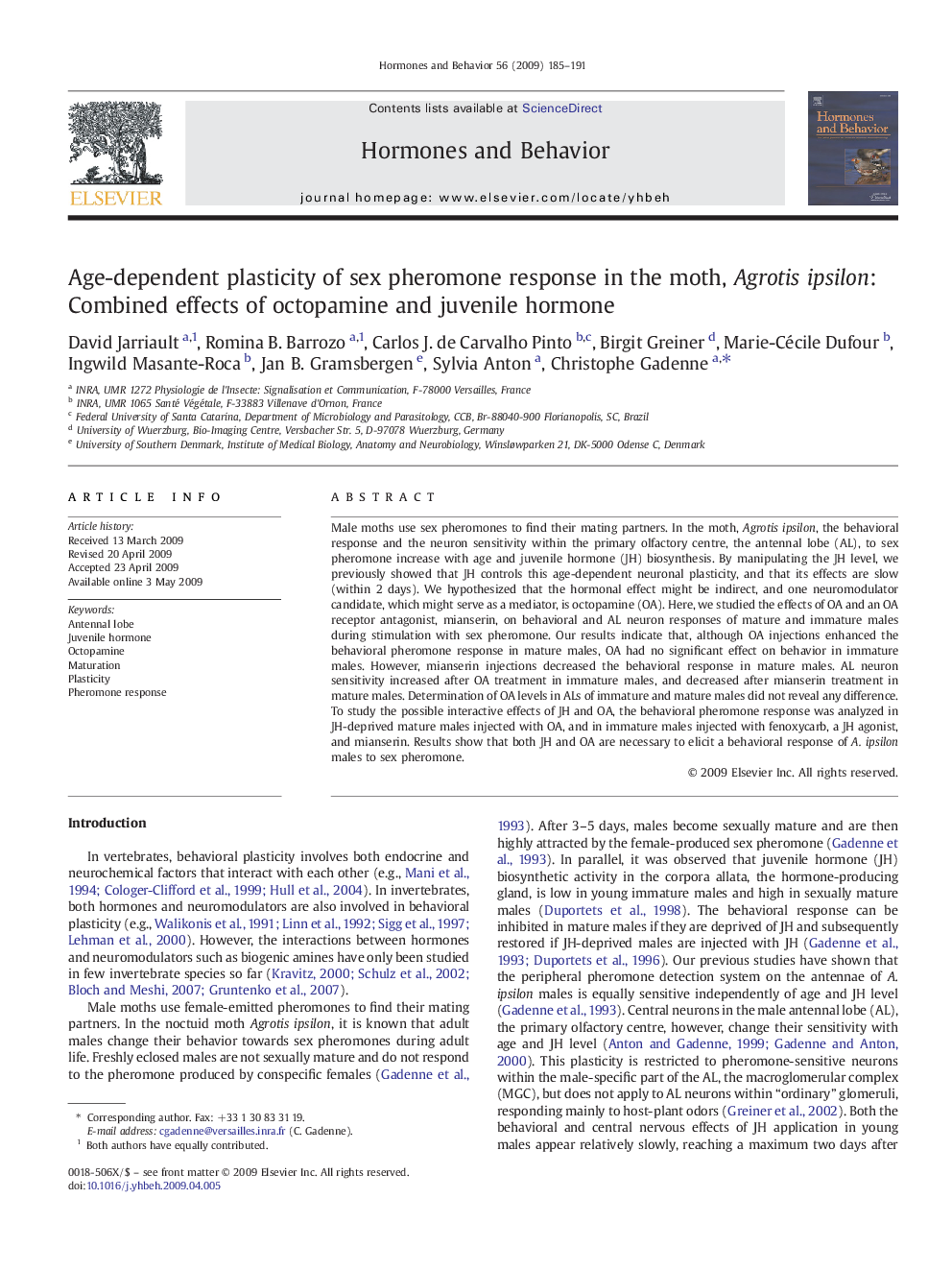 Age-dependent plasticity of sex pheromone response in the moth, Agrotis ipsilon: Combined effects of octopamine and juvenile hormone