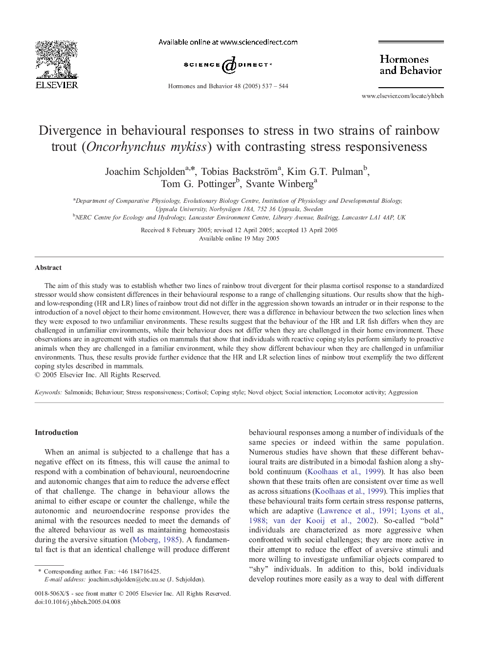 Divergence in behavioural responses to stress in two strains of rainbow trout (Oncorhynchus mykiss) with contrasting stress responsiveness