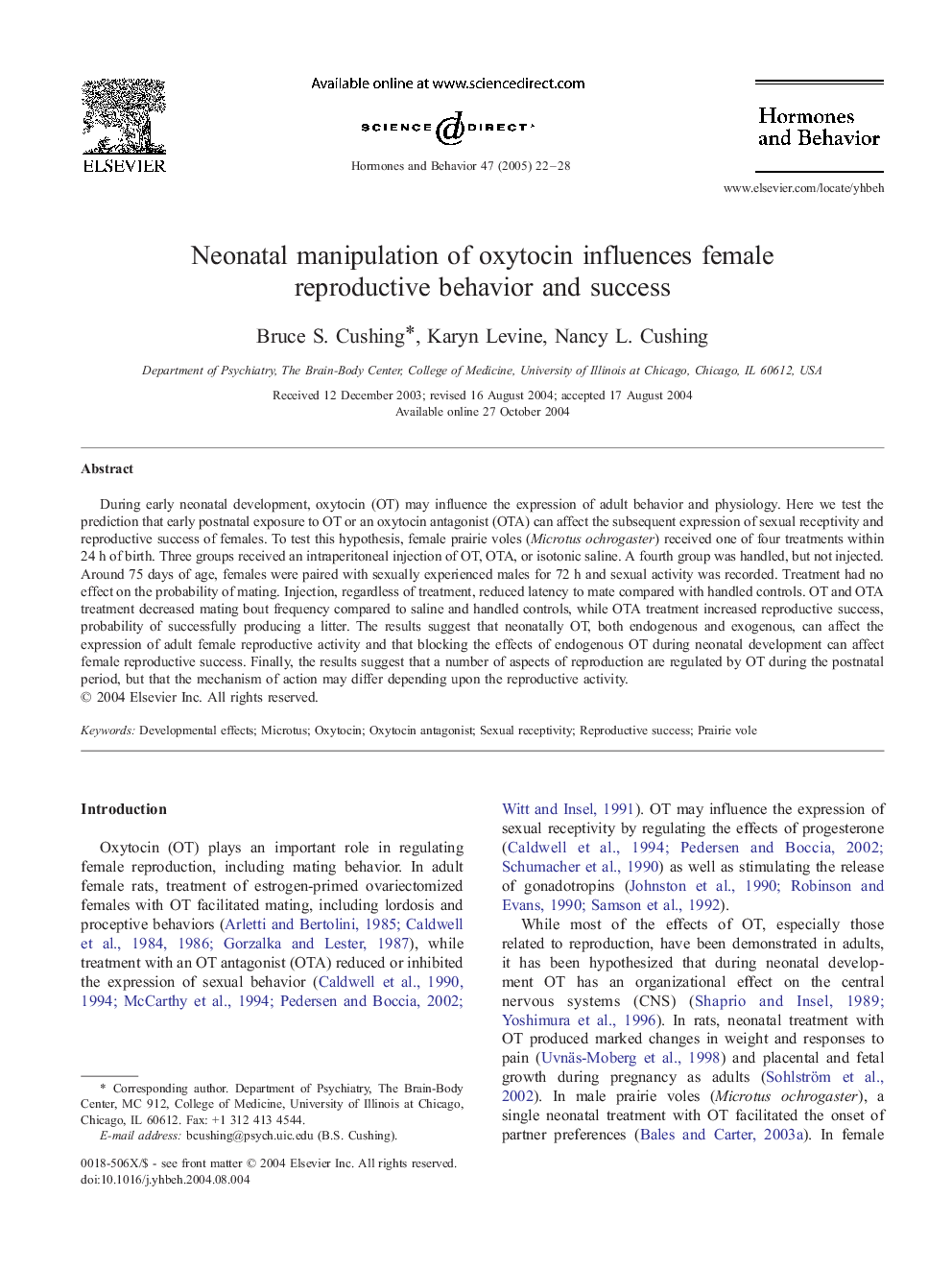 Neonatal manipulation of oxytocin influences female reproductive behavior and success