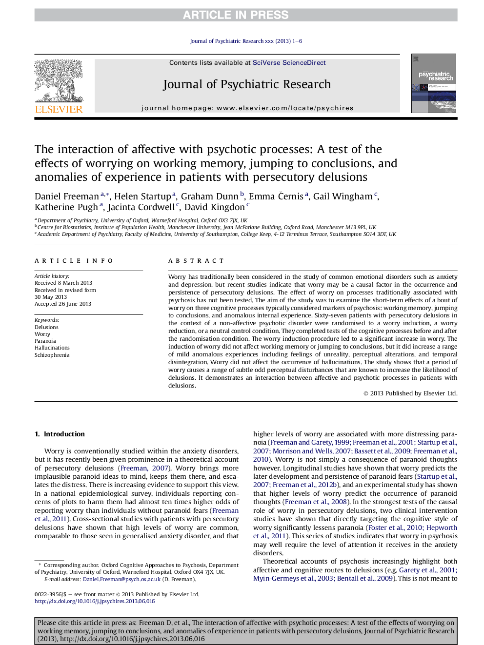 The interaction of affective with psychotic processes: A test of the effects of worrying on working memory, jumping to conclusions, and anomalies of experience in patients with persecutory delusions