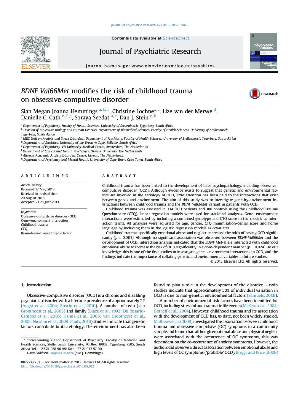 BDNF Val66Met modifies the risk of childhood trauma on obsessive-compulsive disorder