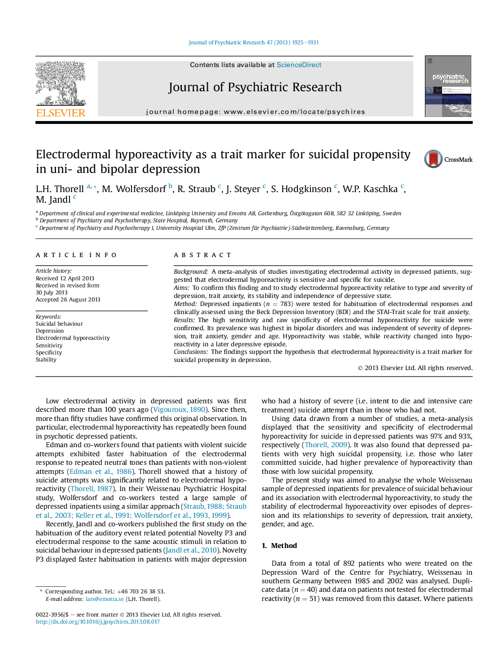 Electrodermal hyporeactivity as a trait marker for suicidal propensity in uni- and bipolar depression