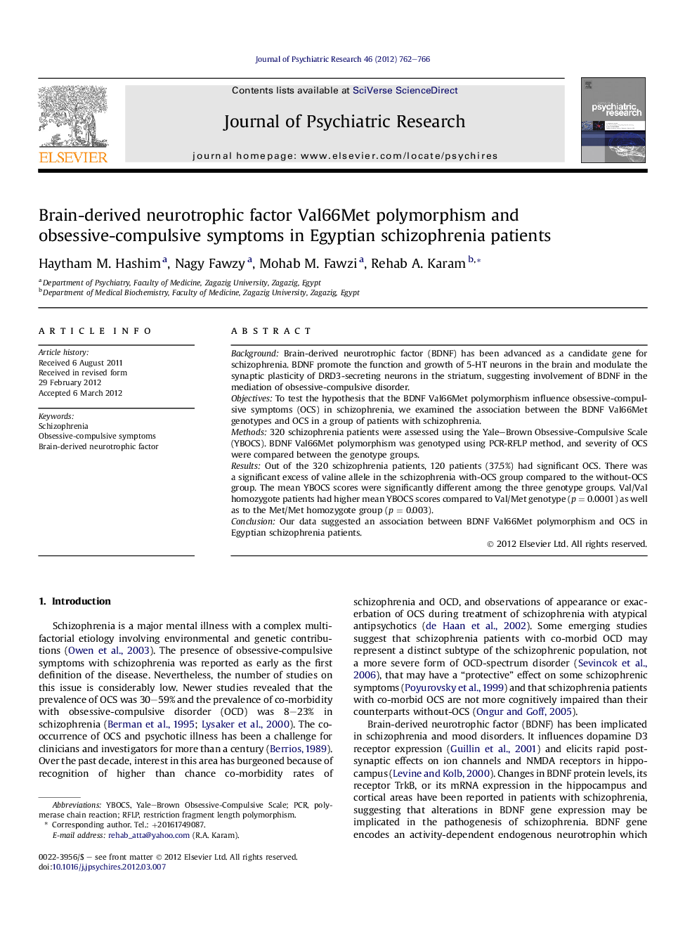 Brain-derived neurotrophic factor Val66Met polymorphism and obsessive-compulsive symptoms in Egyptian schizophrenia patients