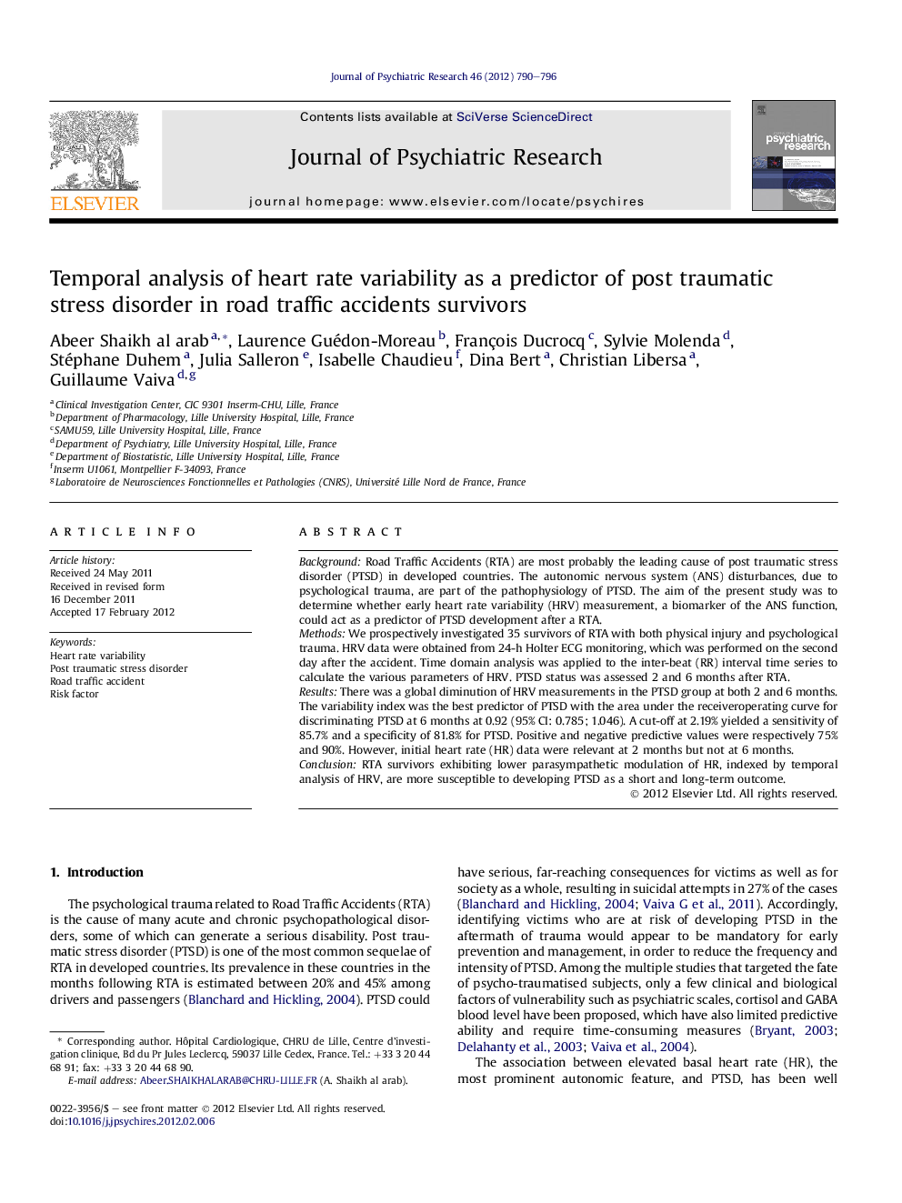 Temporal analysis of heart rate variability as a predictor of post traumatic stress disorder in road traffic accidents survivors