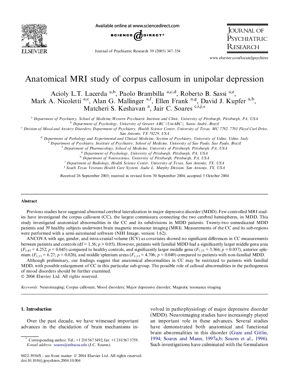 Anatomical MRI study of corpus callosum in unipolar depression