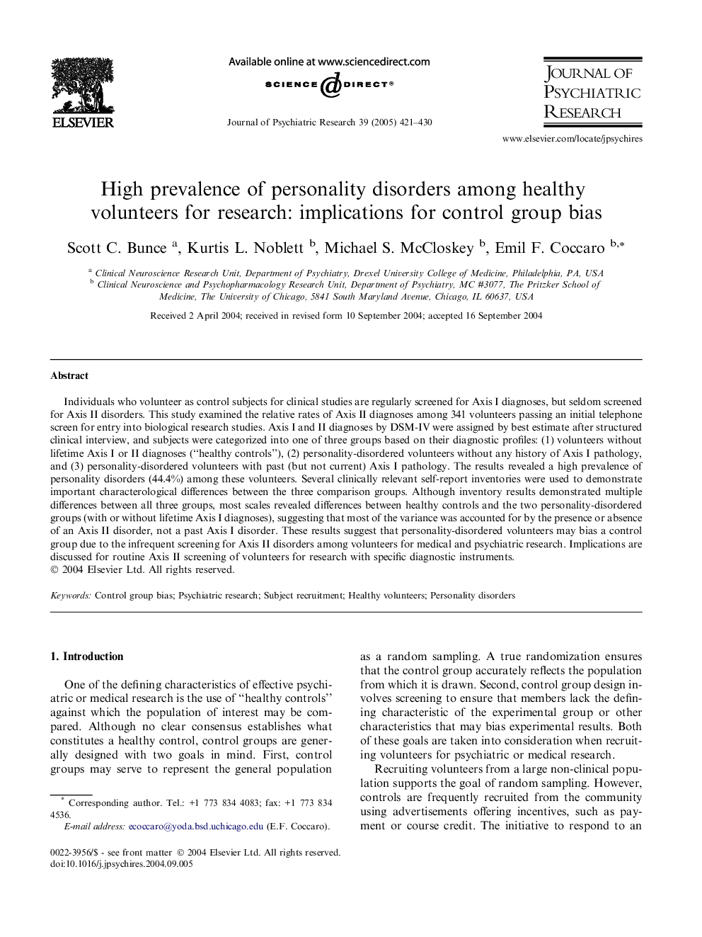 High prevalence of personality disorders among healthy volunteers for research: implications for control group bias