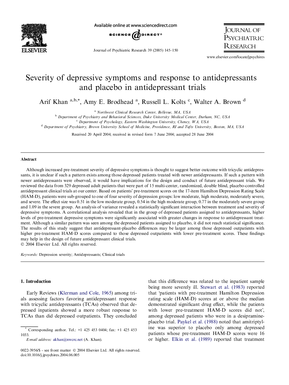 Severity of depressive symptoms and response to antidepressants and placebo in antidepressant trials