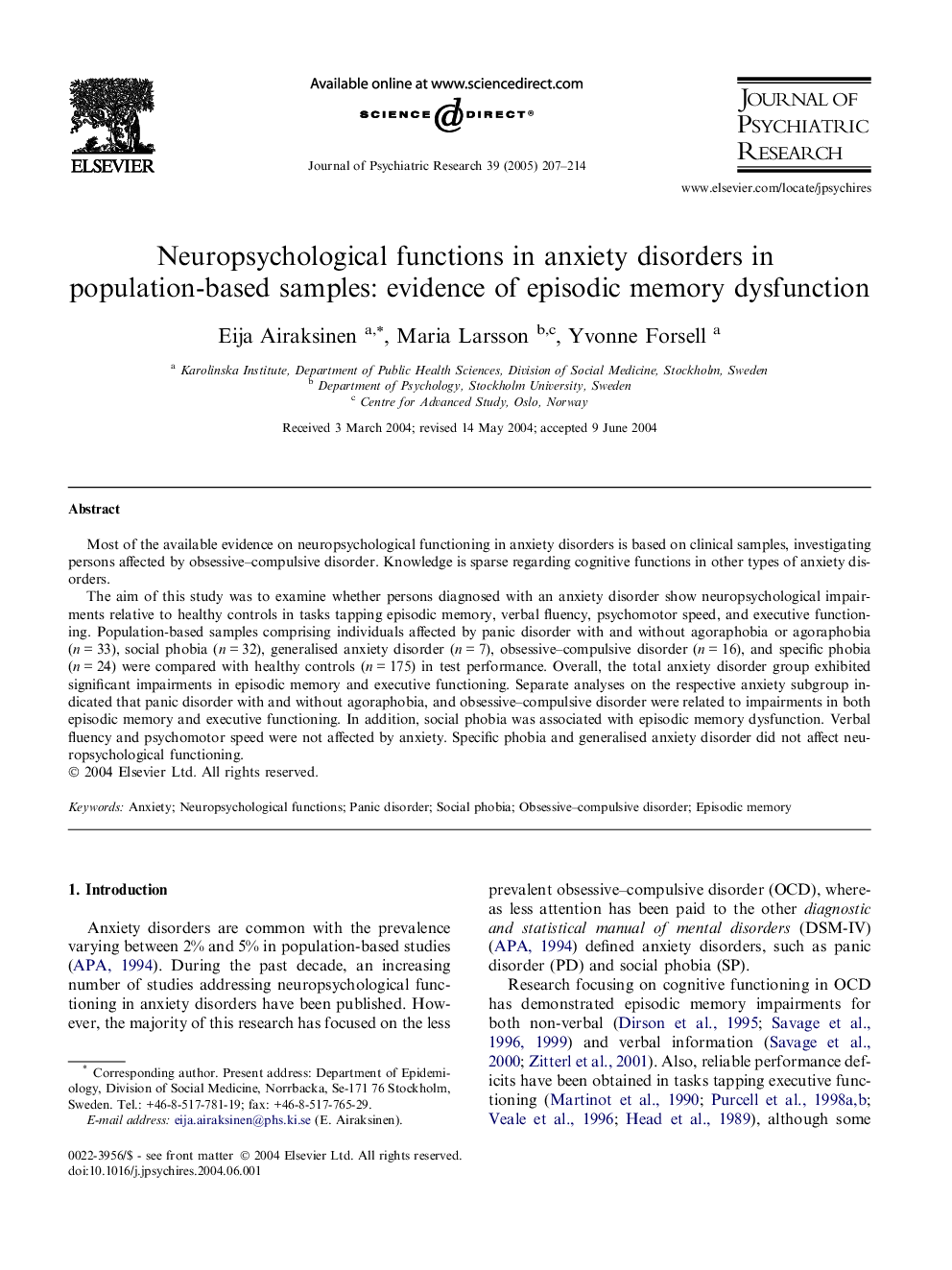 Neuropsychological functions in anxiety disorders in population-based samples: evidence of episodic memory dysfunction