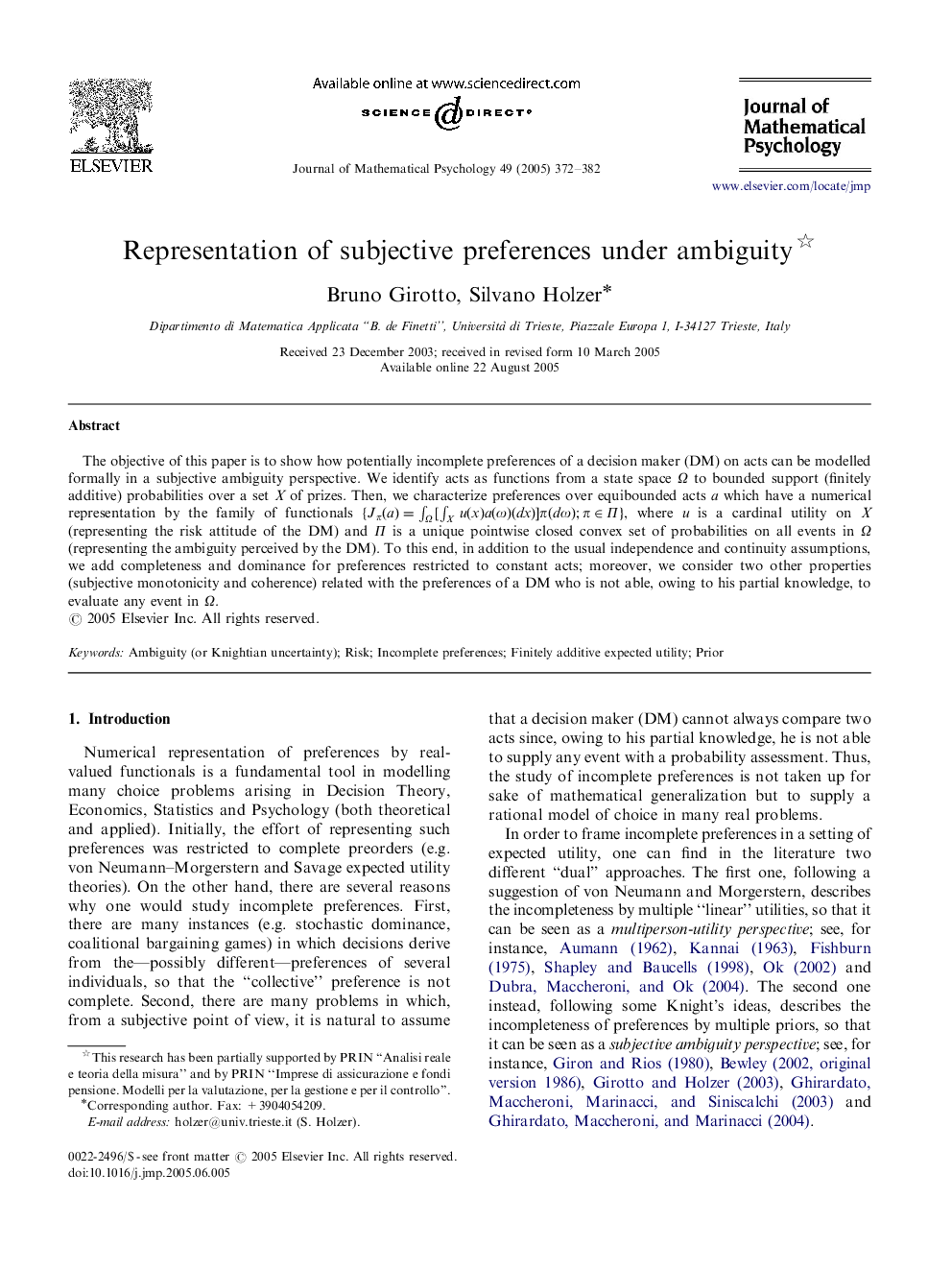 Representation of subjective preferences under ambiguity