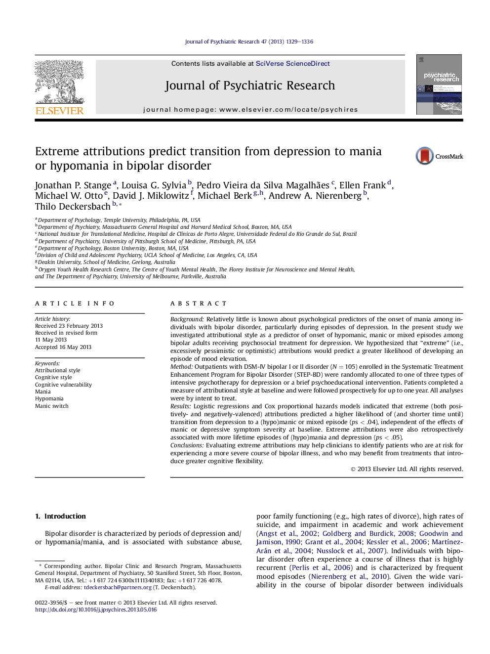 Extreme attributions predict transition from depression to mania orÂ hypomania in bipolar disorder