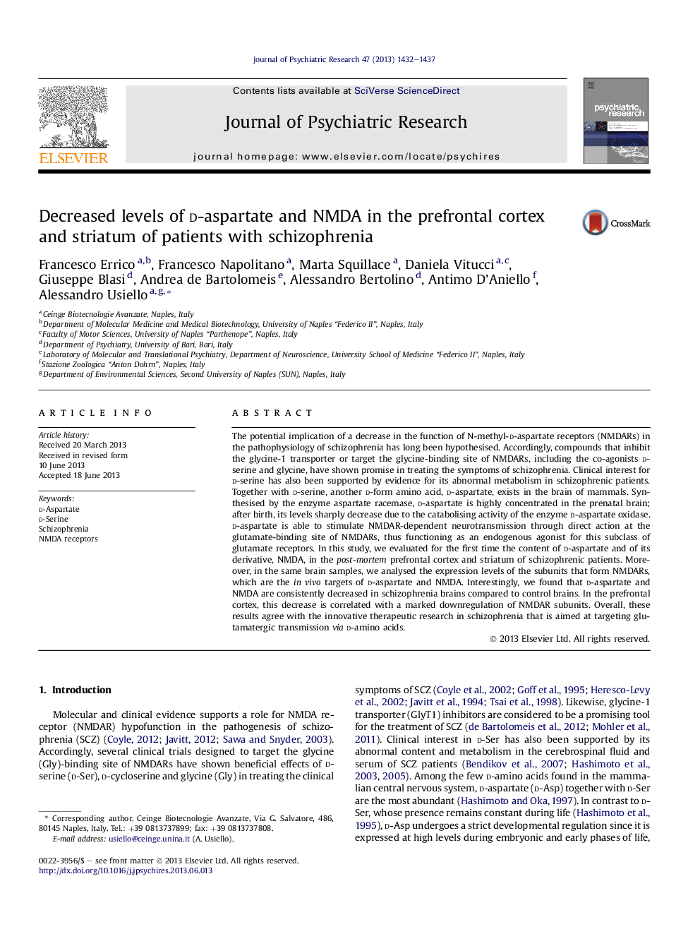 Decreased levels of d-aspartate and NMDA in the prefrontal cortex and striatum of patients with schizophrenia