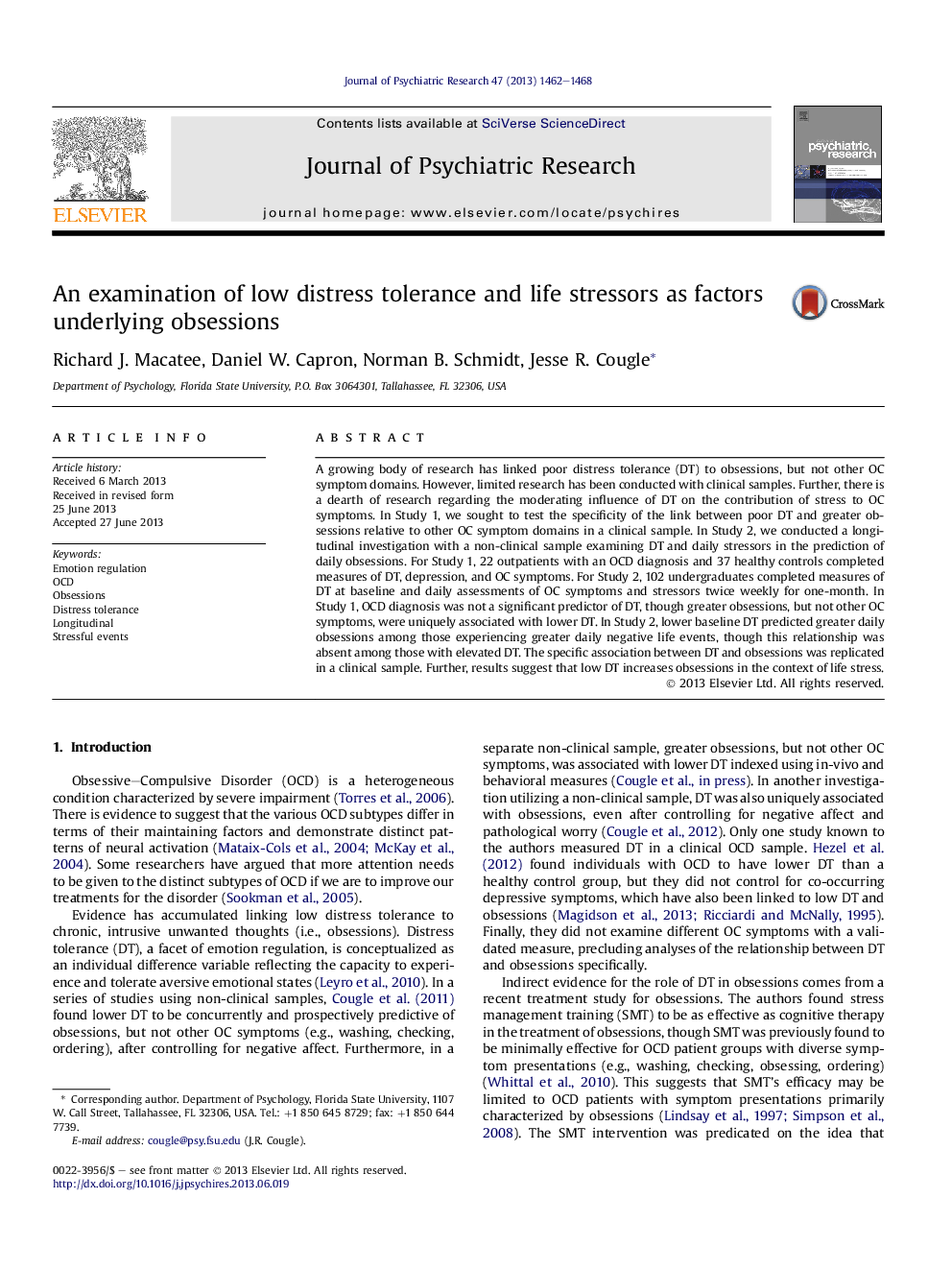 An examination of low distress tolerance and life stressors as factors underlying obsessions