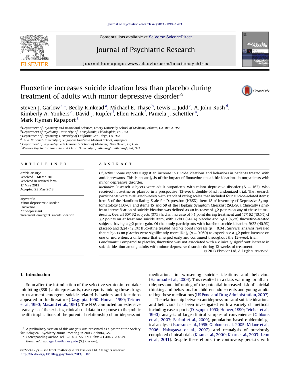 Fluoxetine increases suicide ideation less than placebo during treatment of adults with minor depressive disorder