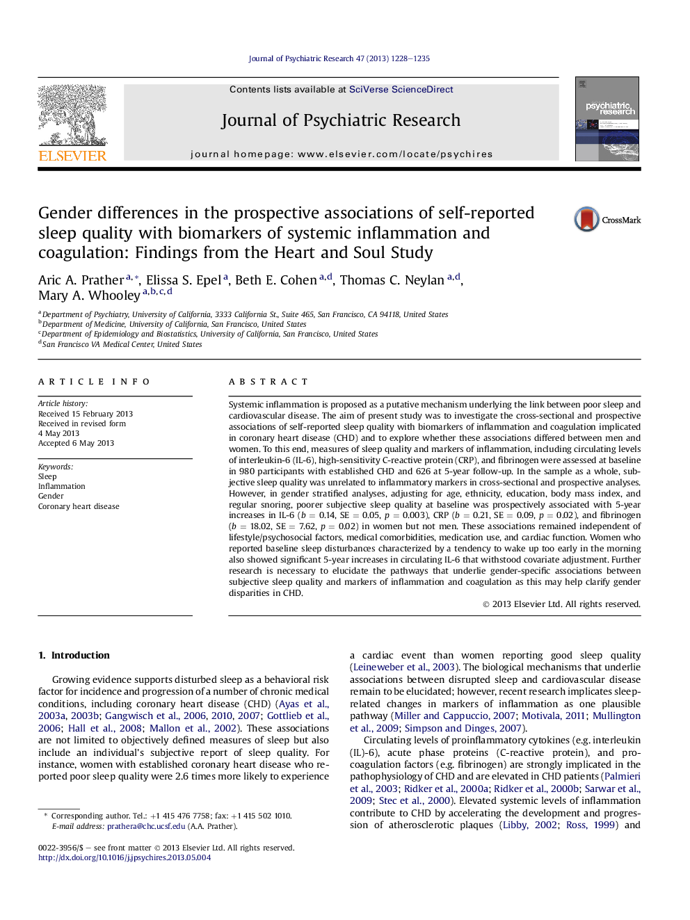 Gender differences in the prospective associations of self-reported sleep quality with biomarkers of systemic inflammation and coagulation: Findings from the Heart and Soul Study