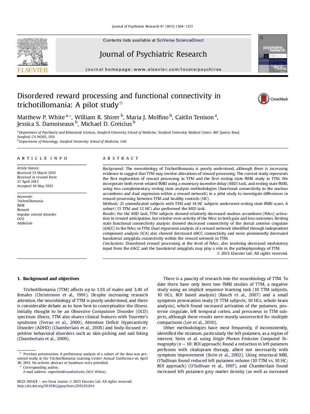 Disordered reward processing and functional connectivity in trichotillomania: A pilot study