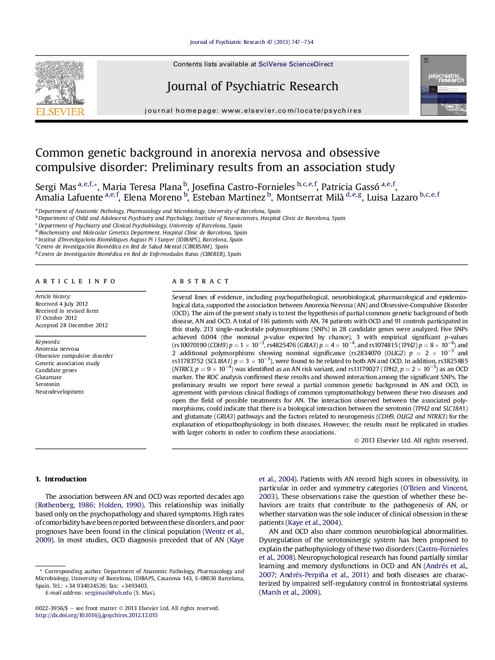 Common genetic background in anorexia nervosa and obsessive compulsive disorder: Preliminary results from an association study