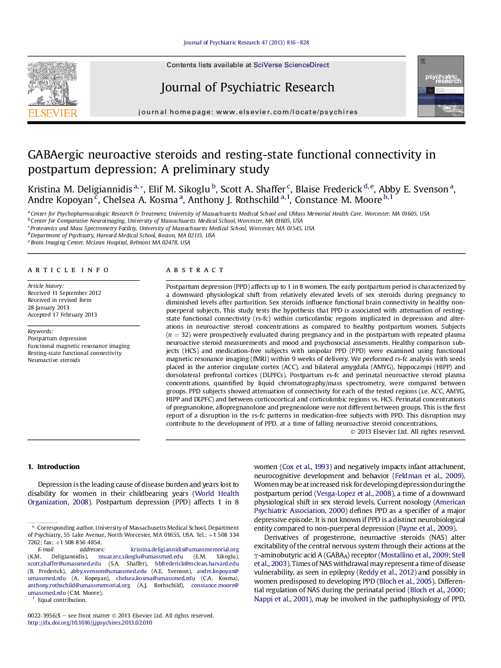 GABAergic neuroactive steroids and resting-state functional connectivity in postpartum depression: A preliminary study