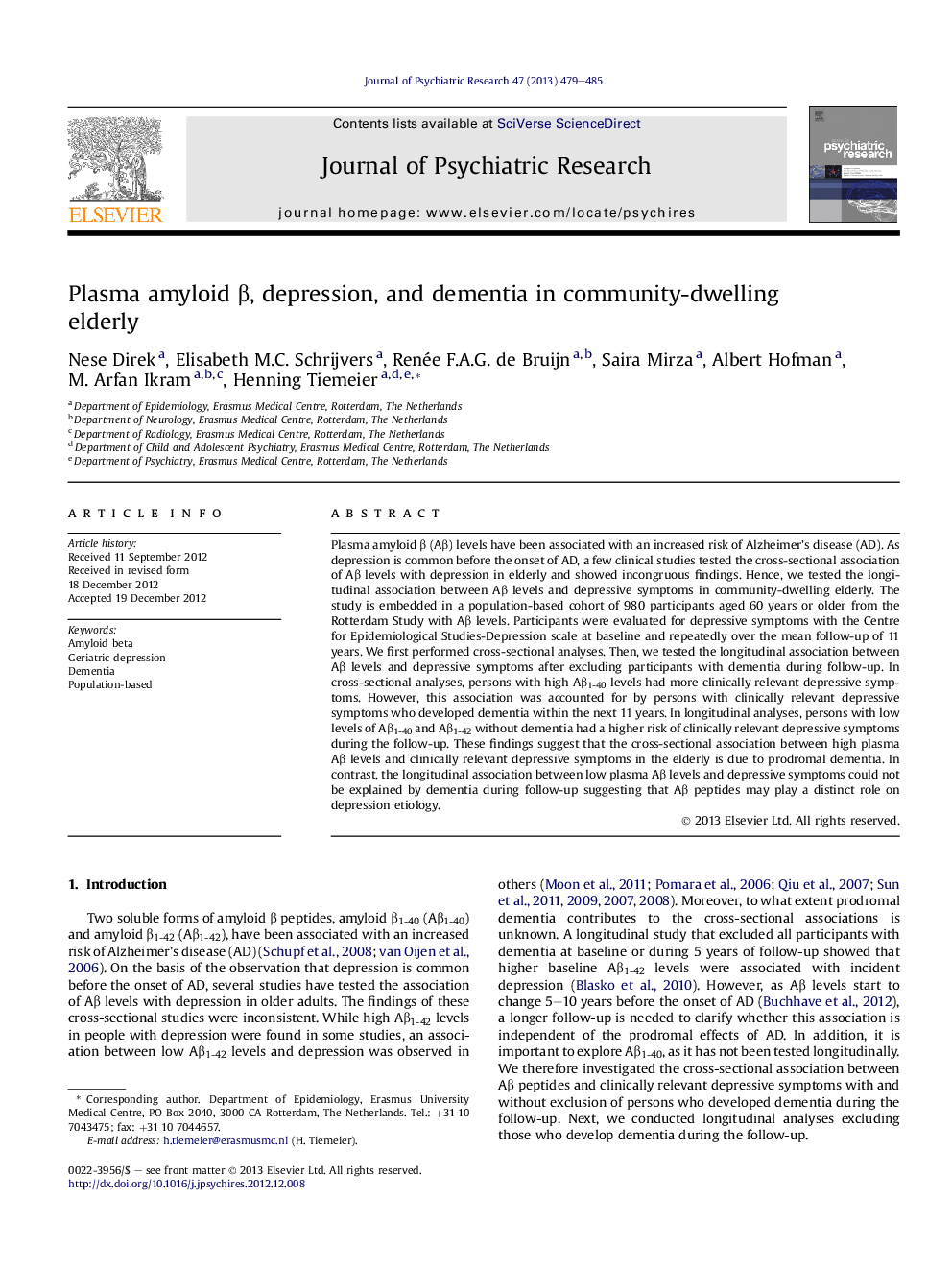 Plasma amyloid Î², depression, and dementia in community-dwelling elderly