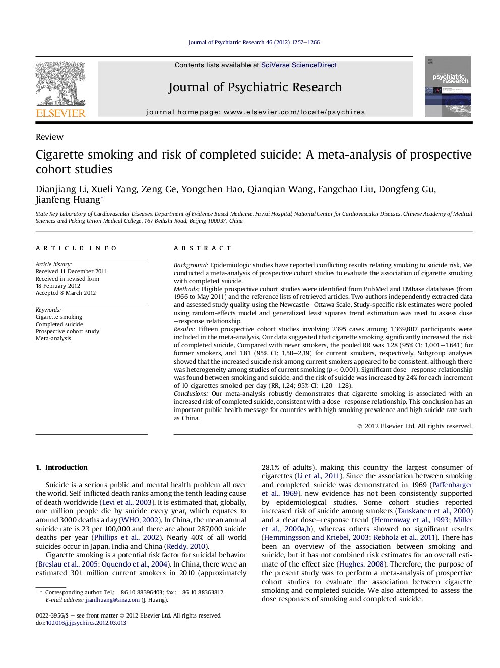 Cigarette smoking and risk of completed suicide: A meta-analysis of prospective cohort studies