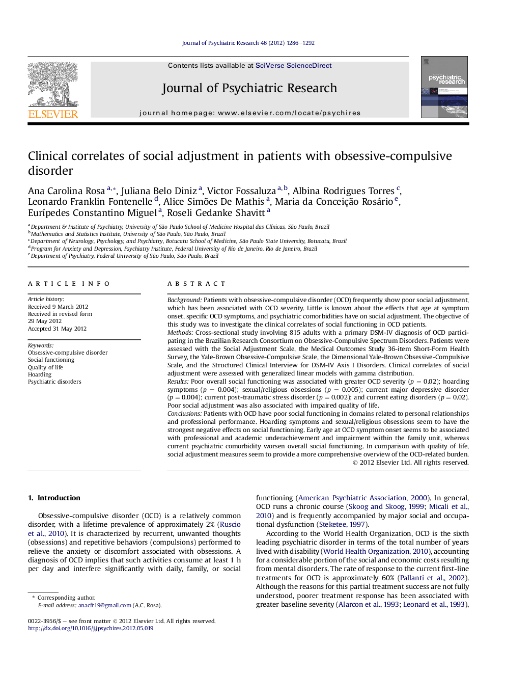 Clinical correlates of social adjustment in patients with obsessive-compulsive disorder