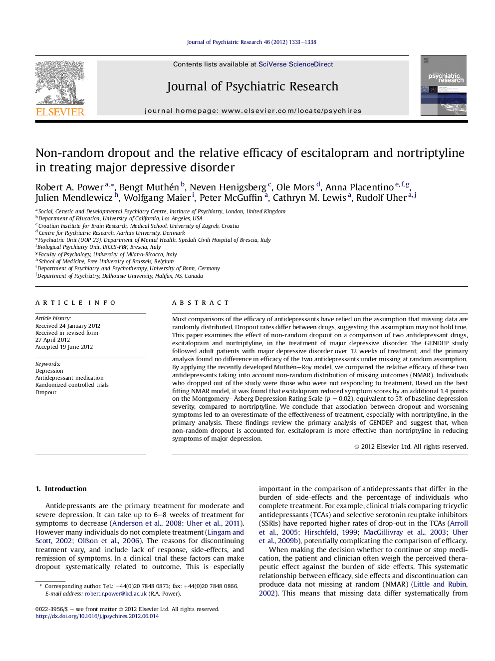 Non-random dropout and the relative efficacy of escitalopram and nortriptyline inÂ treating major depressive disorder