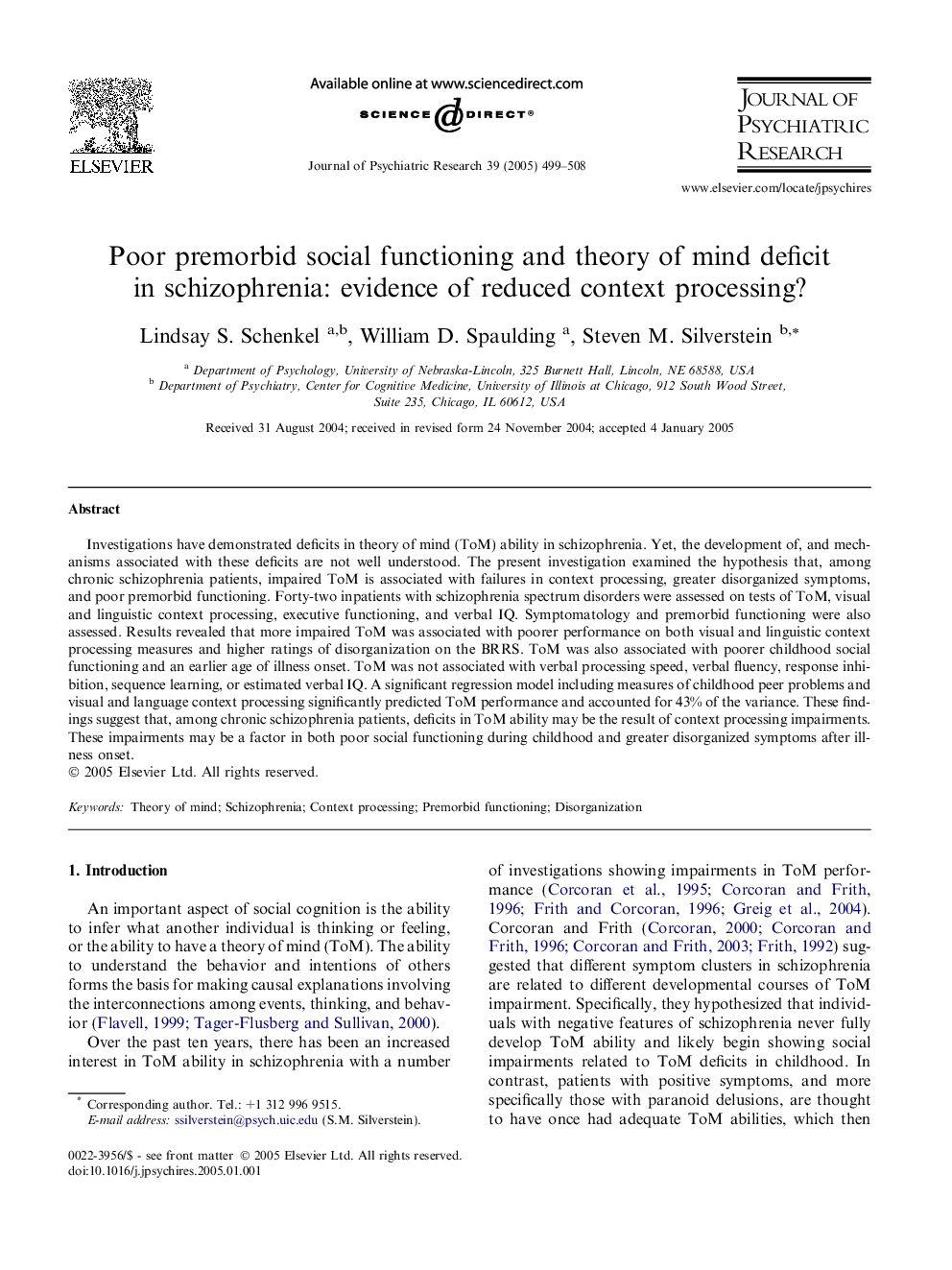 Poor premorbid social functioning and theory of mind deficit in schizophrenia: evidence of reduced context processing?