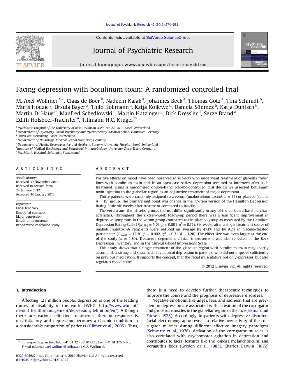 Facing depression with botulinum toxin: A randomized controlled trial