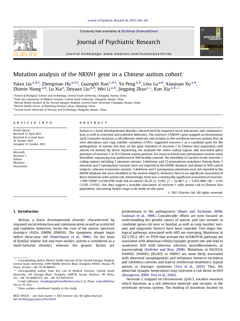 Mutation analysis of the NRXN1 gene in a Chinese autism cohort