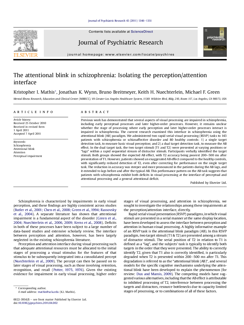 The attentional blink in schizophrenia: Isolating the perception/attention interface