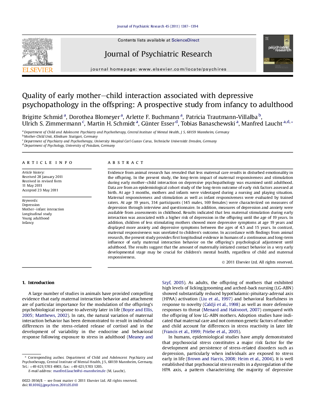 Quality of early mother-child interaction associated with depressive psychopathology in the offspring: A prospective study from infancy to adulthood