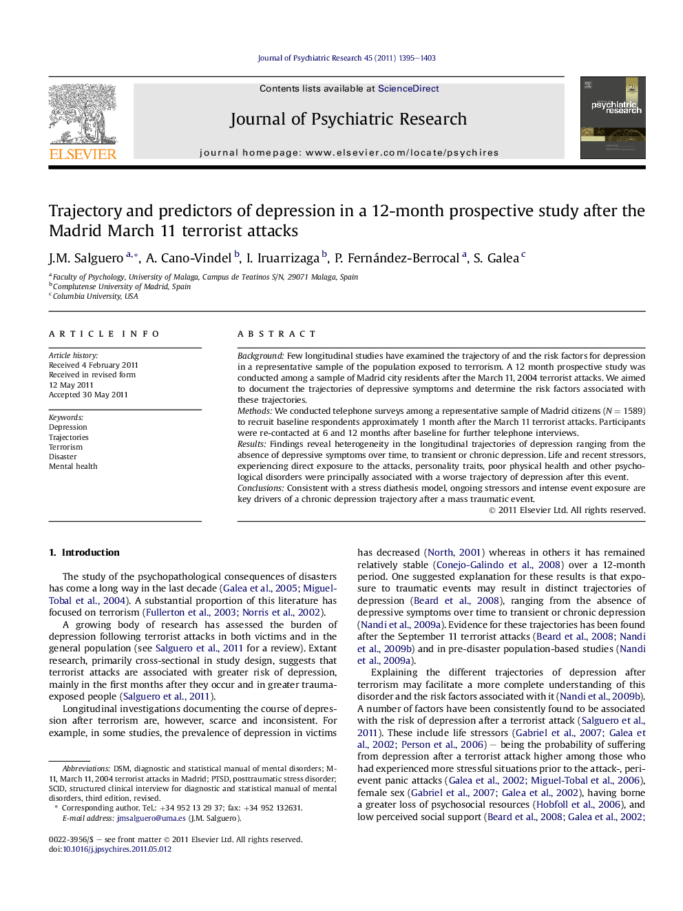 Trajectory and predictors of depression in a 12-month prospective study after the Madrid March 11 terrorist attacks