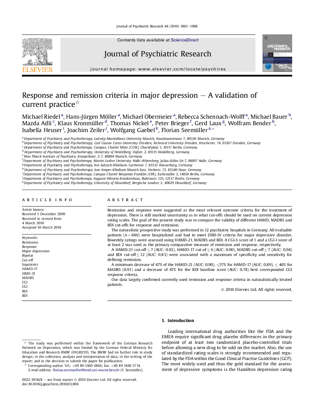 Response and remission criteria in major depression - A validation of current practice