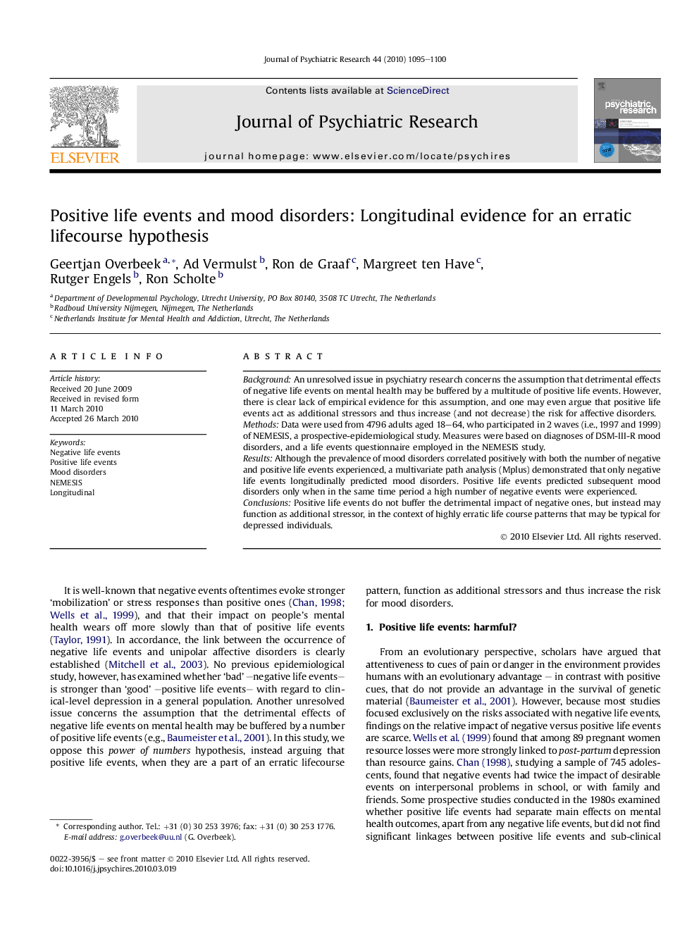 Positive life events and mood disorders: Longitudinal evidence for an erratic lifecourse hypothesis