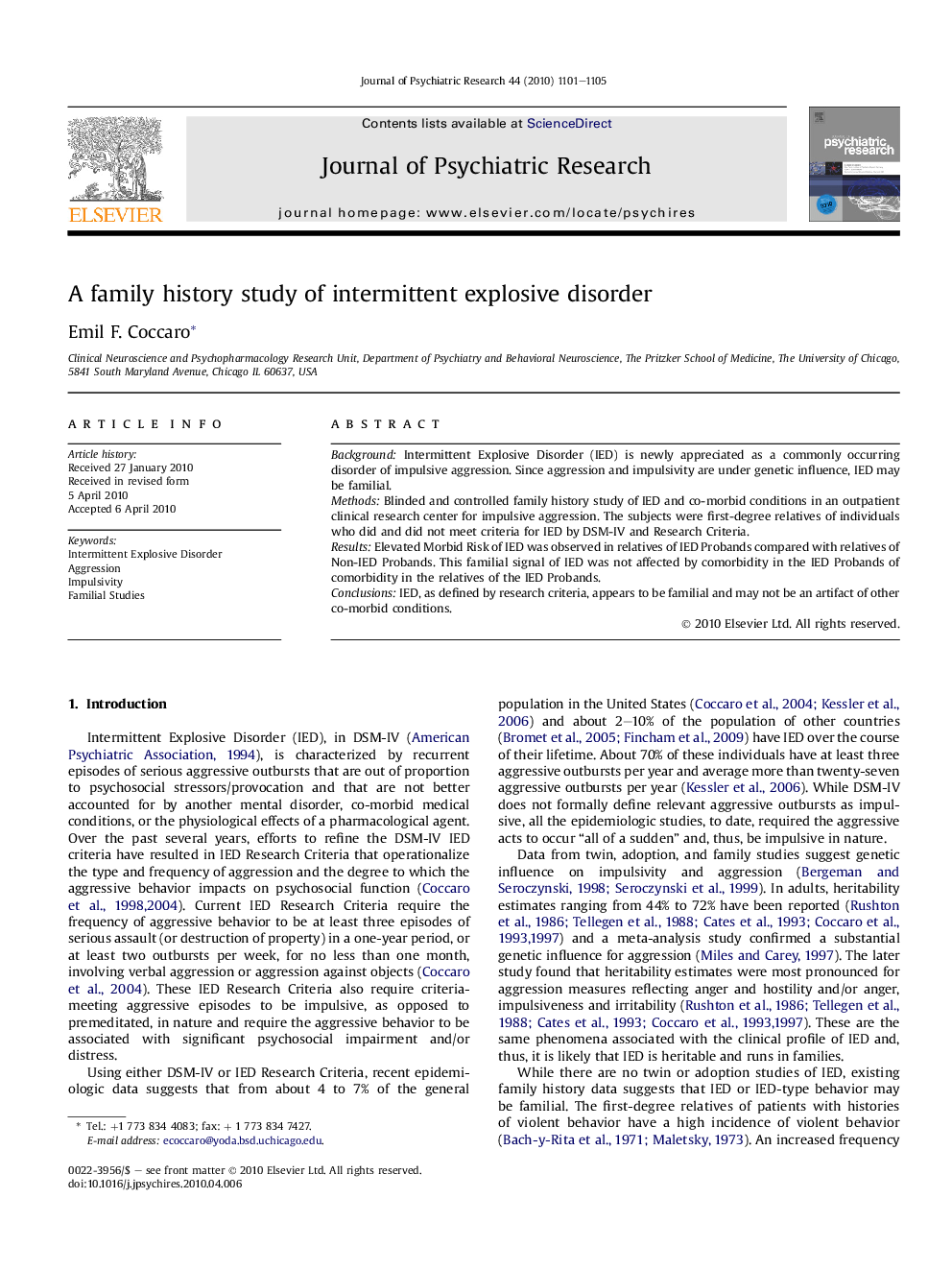 A family history study of intermittent explosive disorder