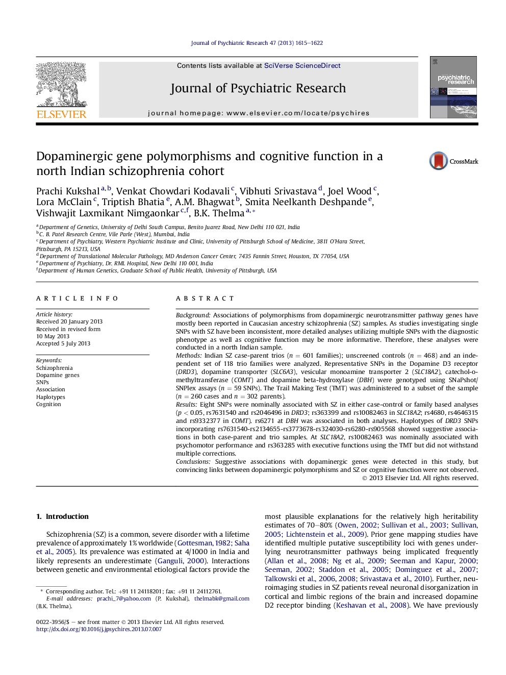 Dopaminergic gene polymorphisms and cognitive function in a north Indian schizophrenia cohort