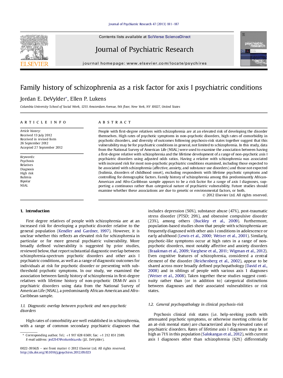 Family history of schizophrenia as a risk factor for axis I psychiatric conditions