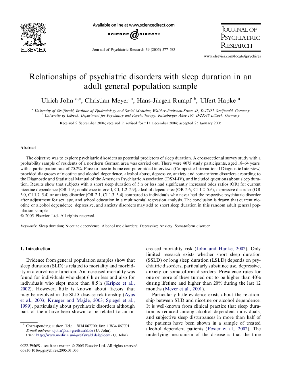 Relationships of psychiatric disorders with sleep duration in an adult general population sample