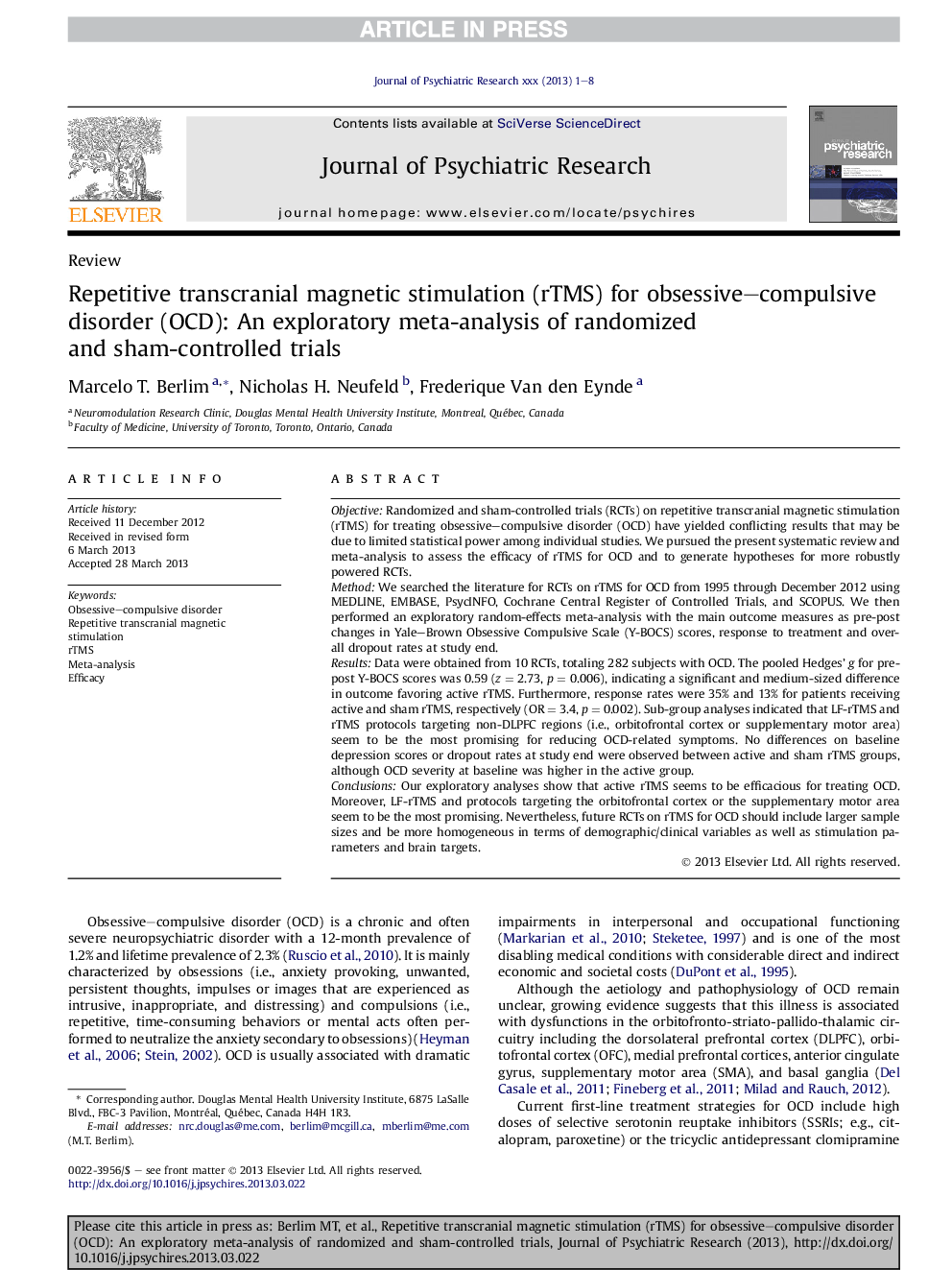 Repetitive transcranial magnetic stimulation (rTMS) for obsessive-compulsive disorder (OCD): An exploratory meta-analysis of randomized and sham-controlled trials