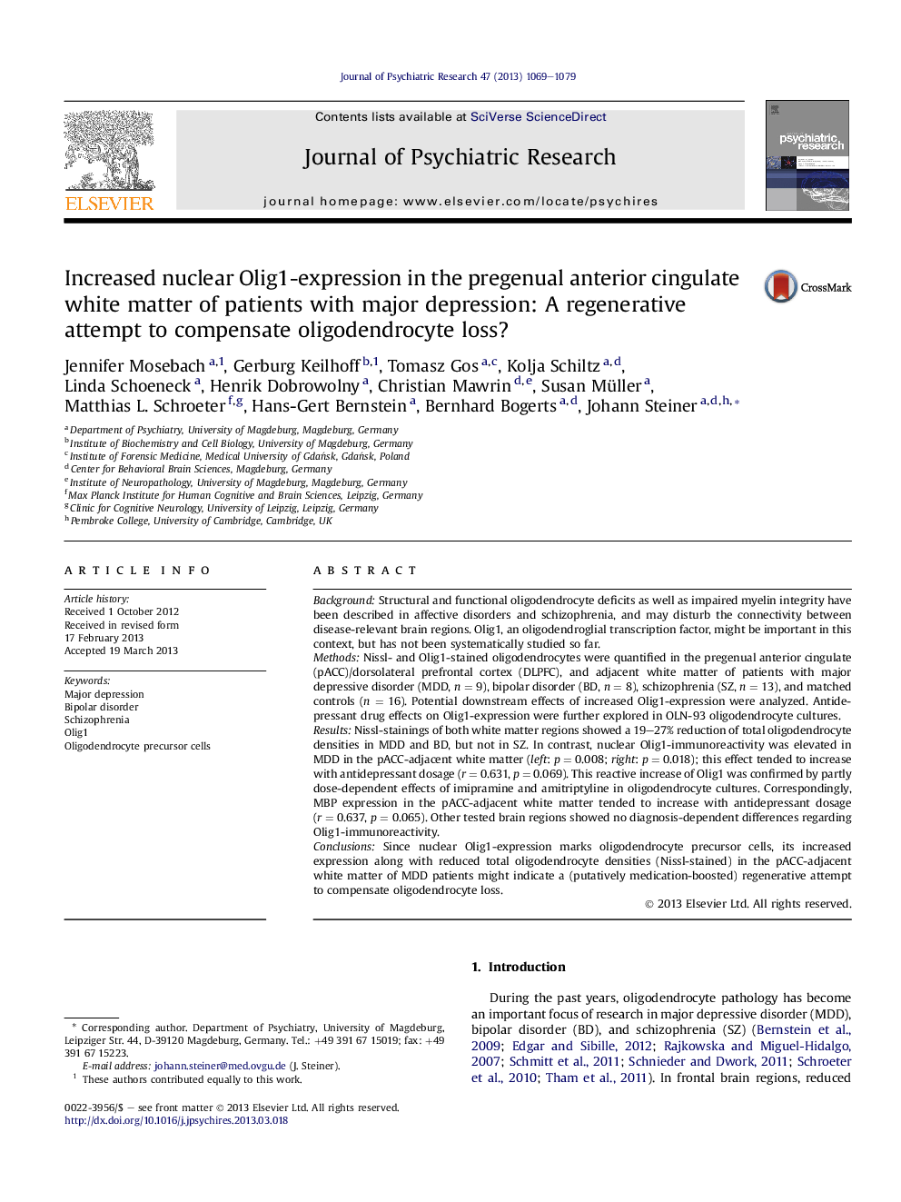 Increased nuclear Olig1-expression in the pregenual anterior cingulate white matter of patients with major depression: A regenerative attempt to compensate oligodendrocyte loss?