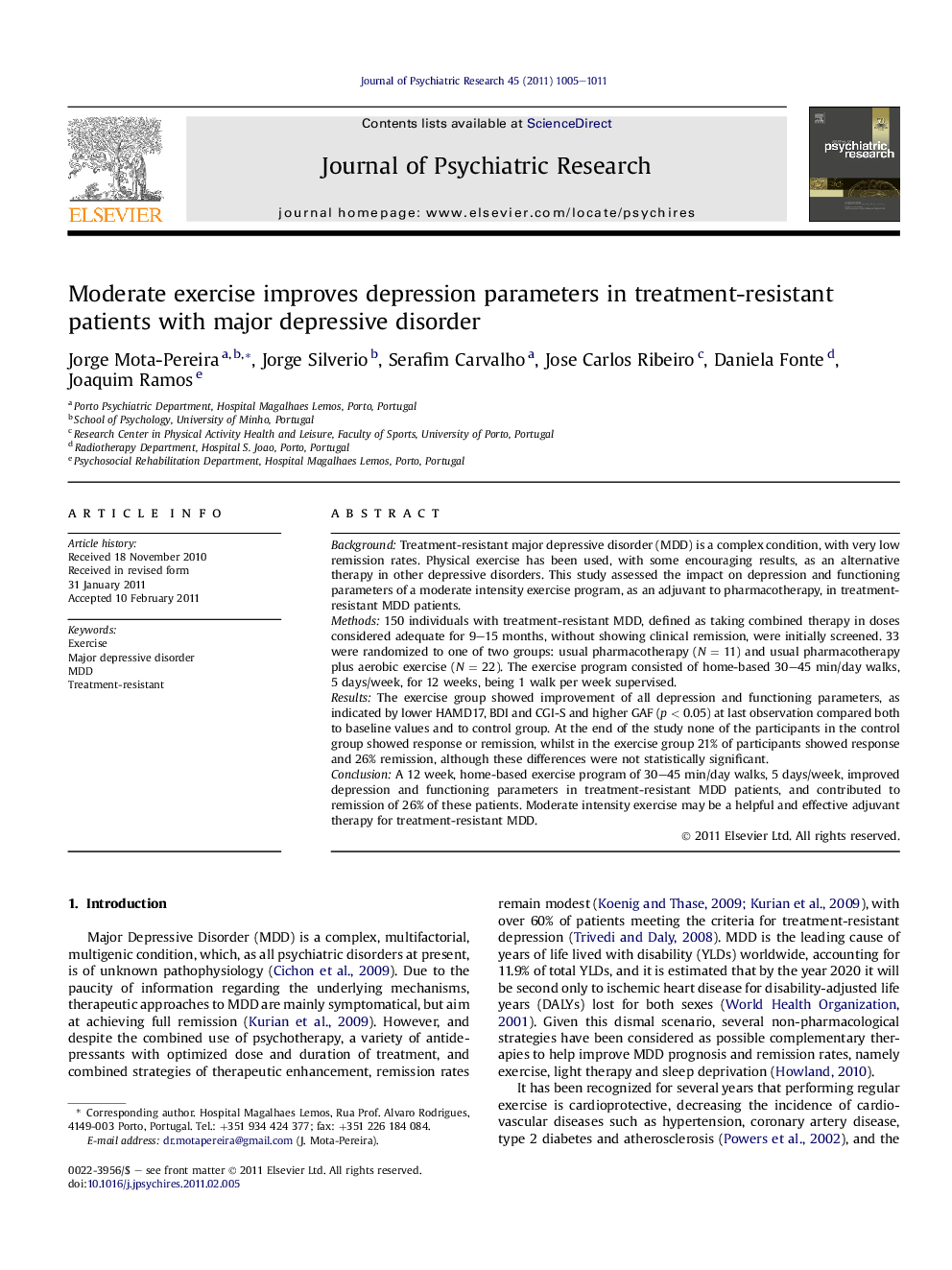 Moderate exercise improves depression parameters in treatment-resistant patients with major depressive disorder