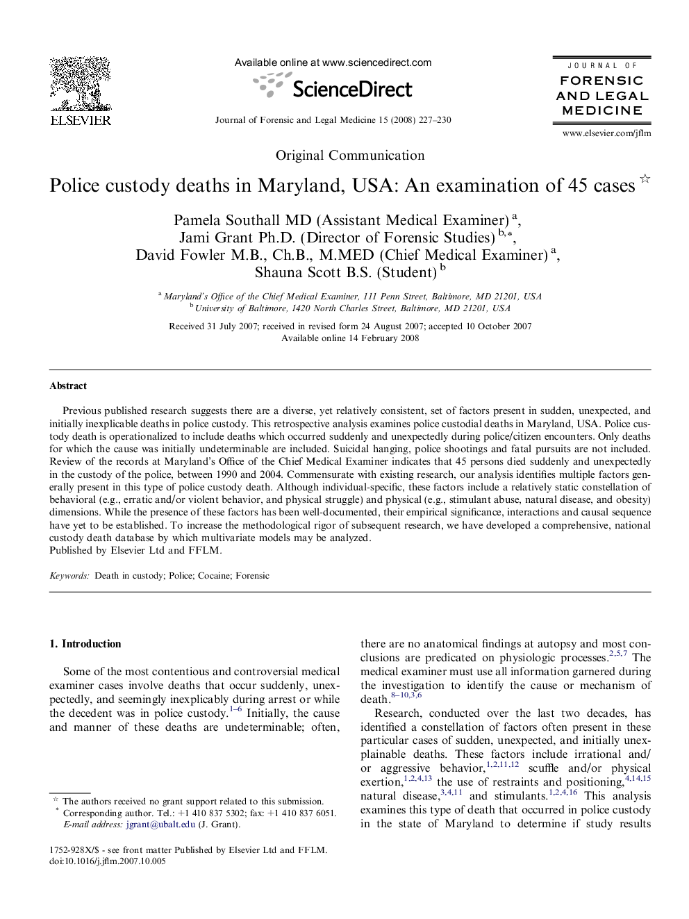 Police custody deaths in Maryland, USA: An examination of 45 cases 