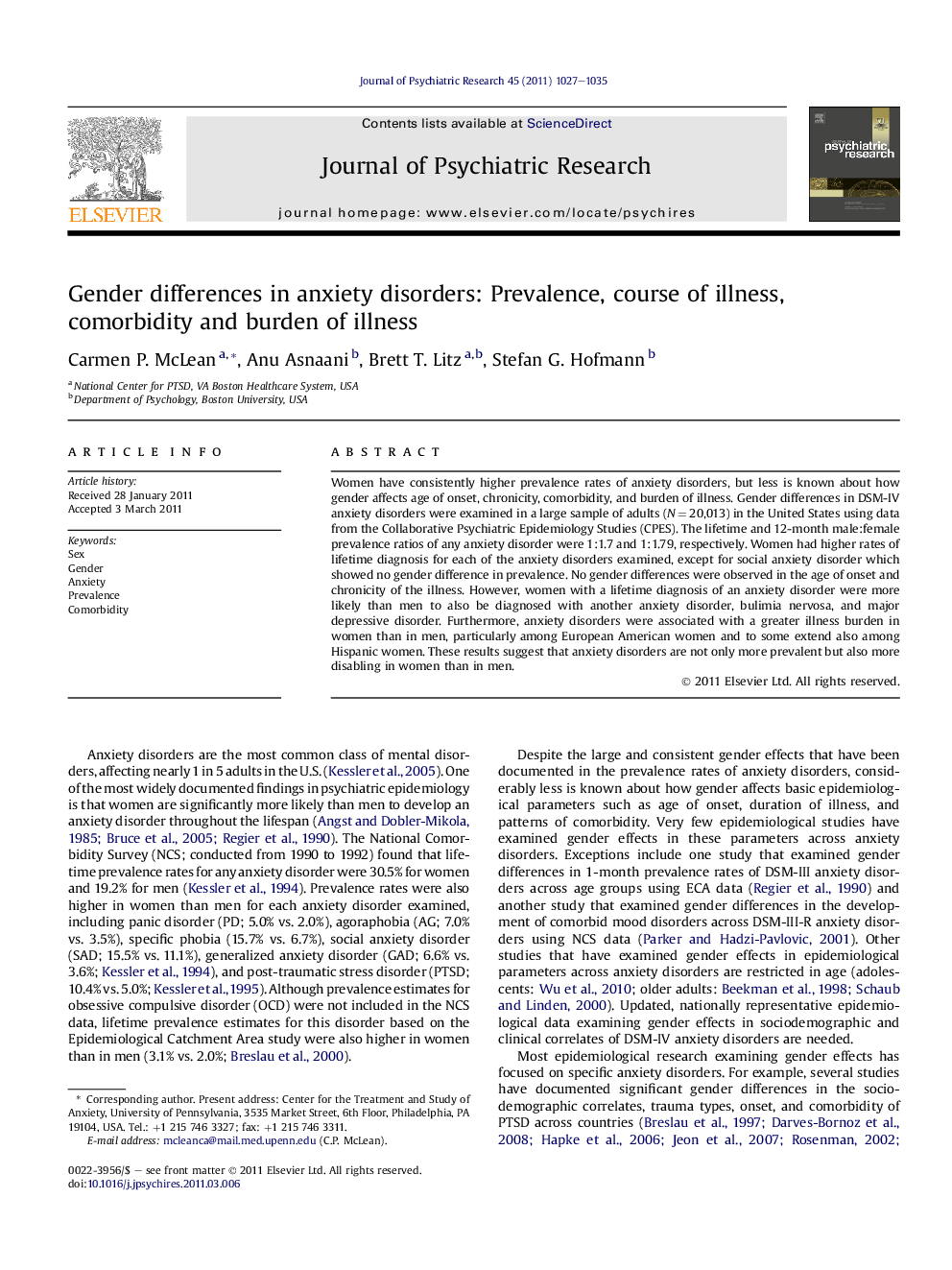 Gender differences in anxiety disorders: Prevalence, course of illness, comorbidity and burden of illness