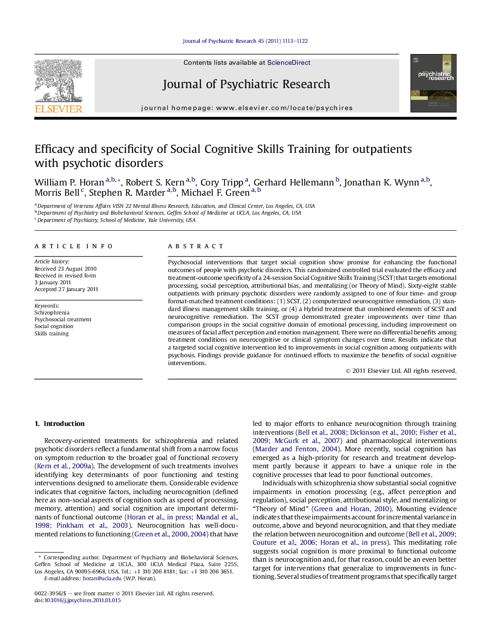 Efficacy and specificity of Social Cognitive Skills Training for outpatients with psychotic disorders