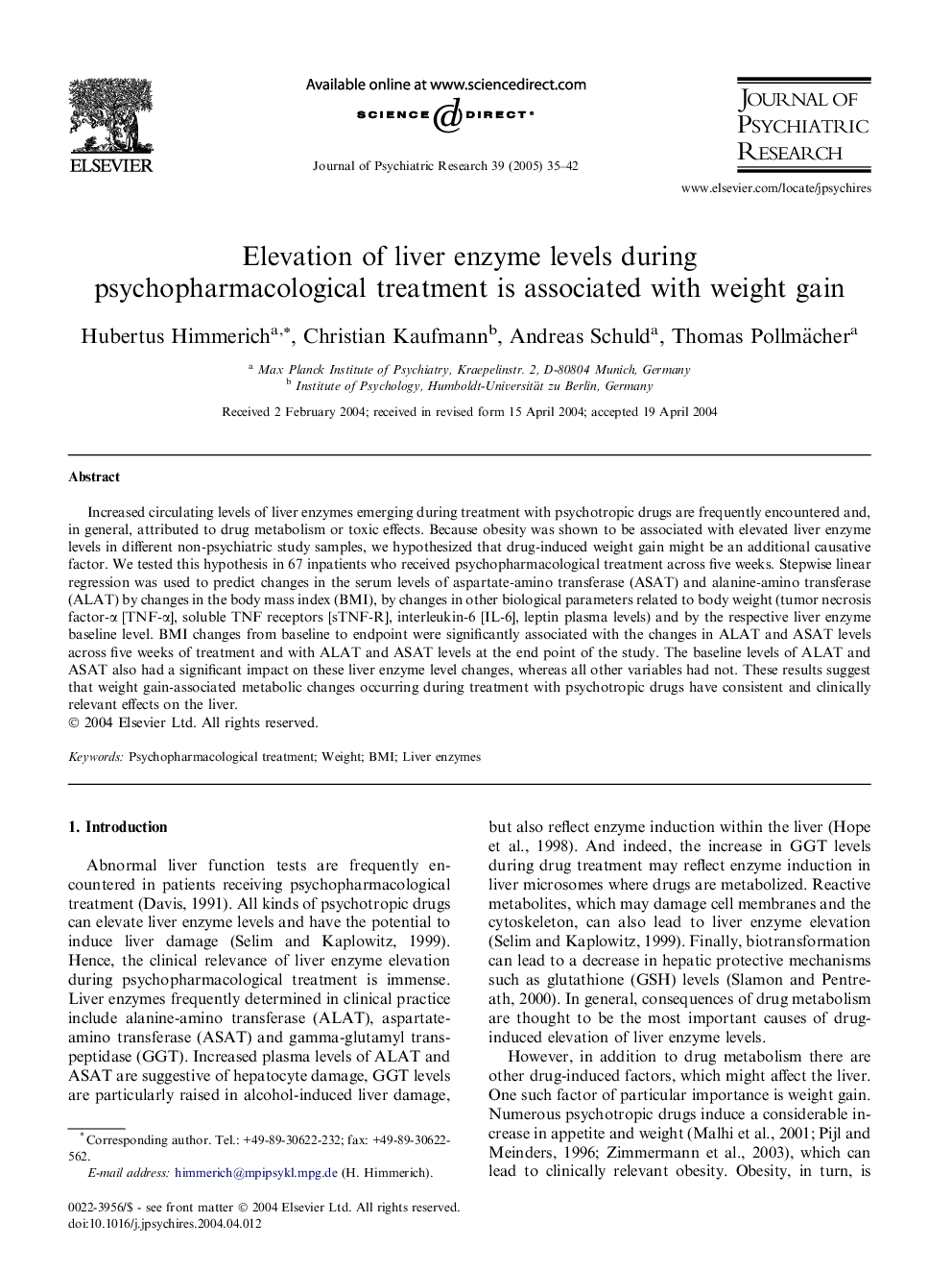 Elevation of liver enzyme levels during psychopharmacological treatment is associated with weight gain