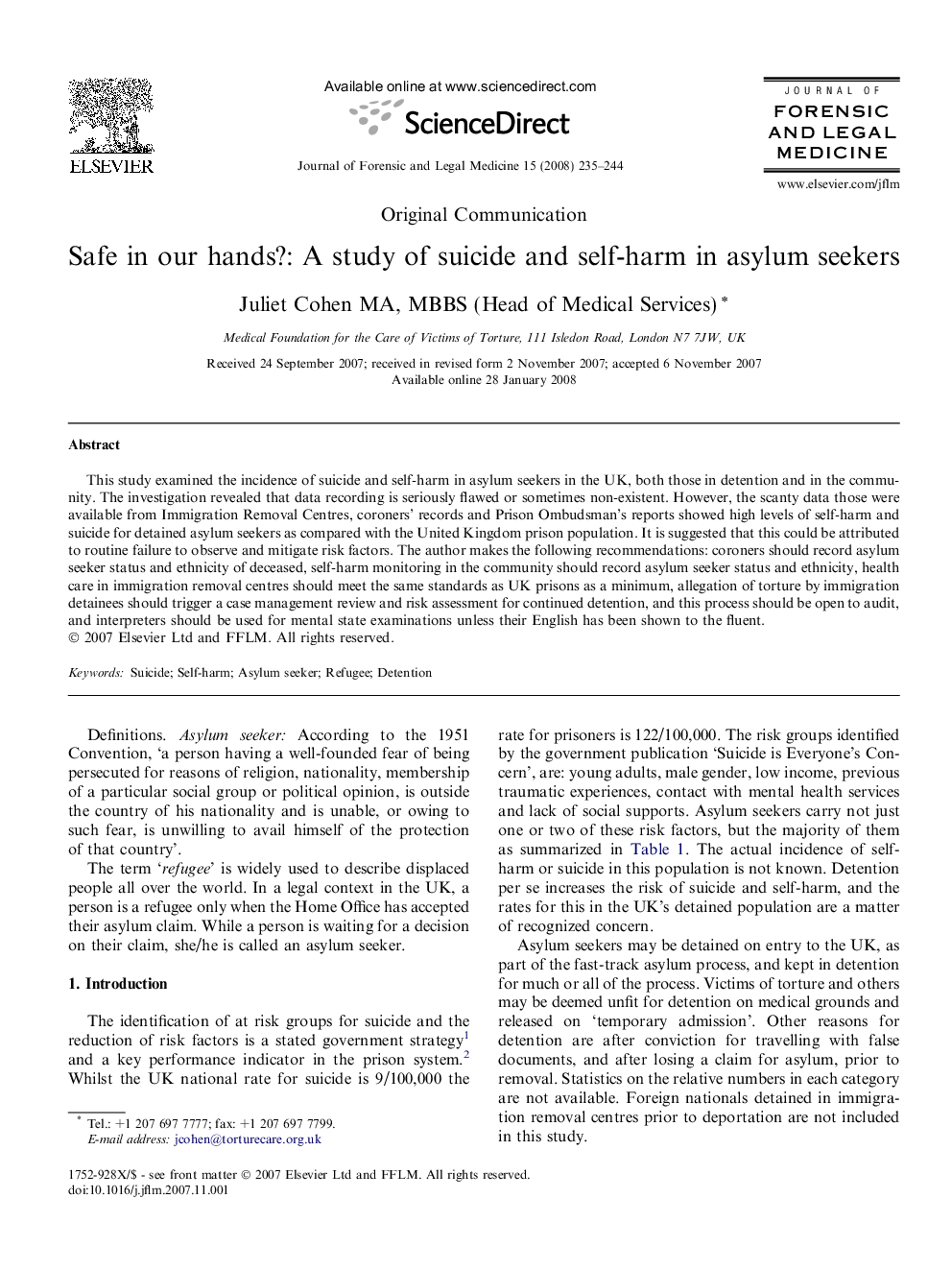 Safe in our hands?: A study of suicide and self-harm in asylum seekers