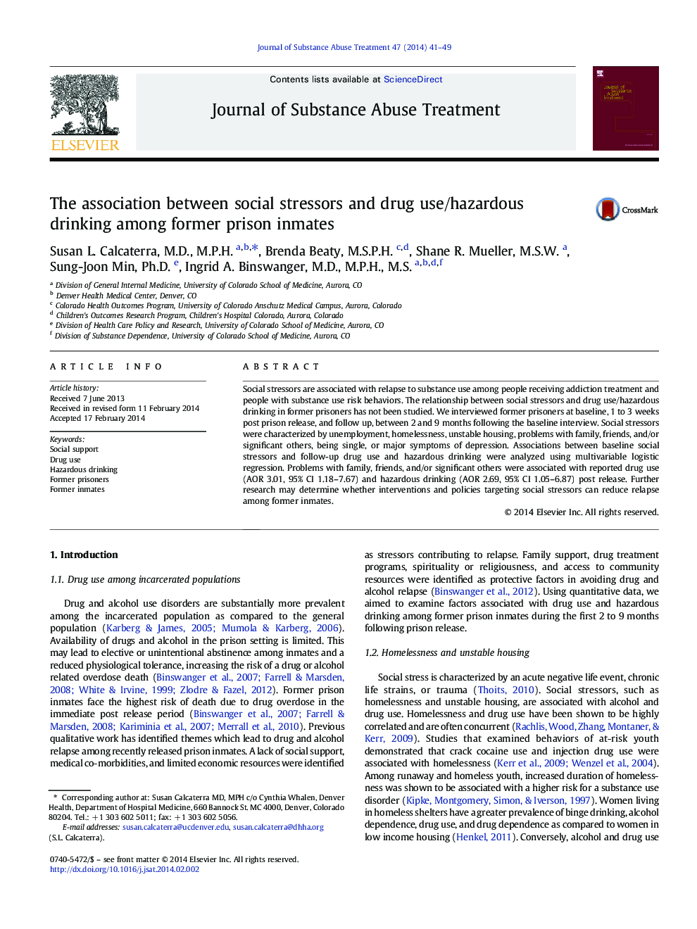 The association between social stressors and drug use/hazardous drinking among former prison inmates