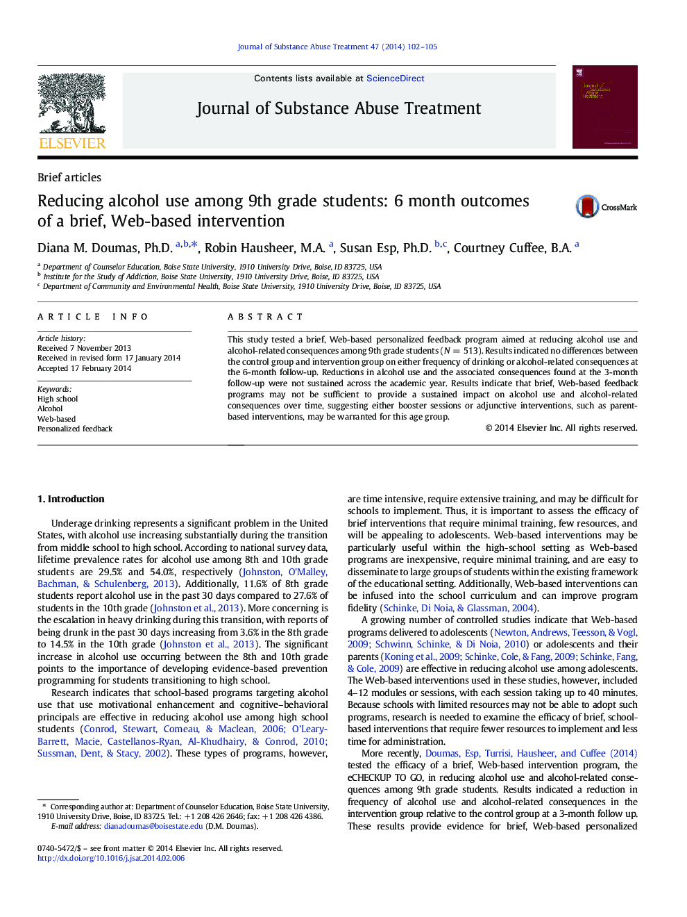 Reducing alcohol use among 9th grade students: 6 month outcomes of a brief, Web-based intervention