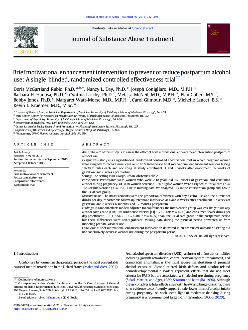 Brief motivational enhancement intervention to prevent or reduce postpartum alcohol use: A single-blinded, randomized controlled effectiveness trial