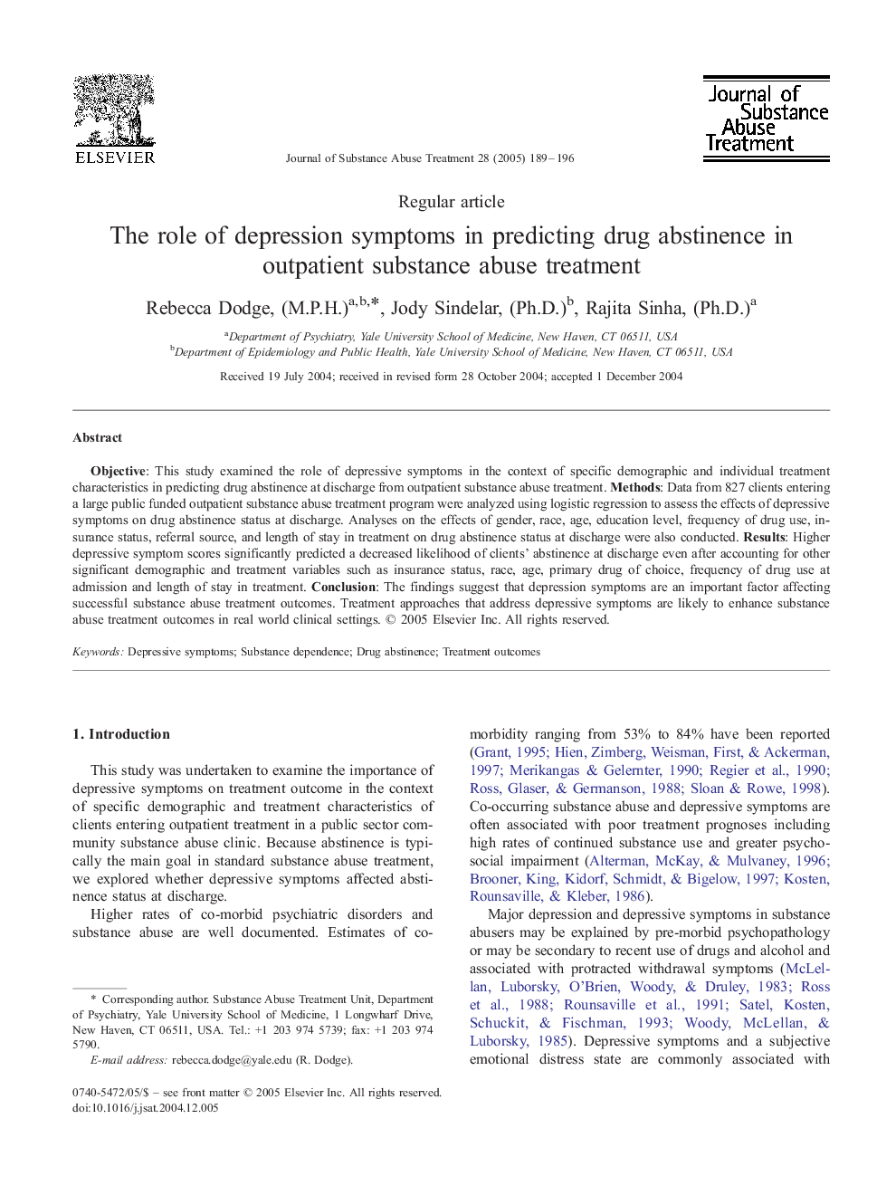 The role of depression symptoms in predicting drug abstinence in outpatient substance abuse treatment