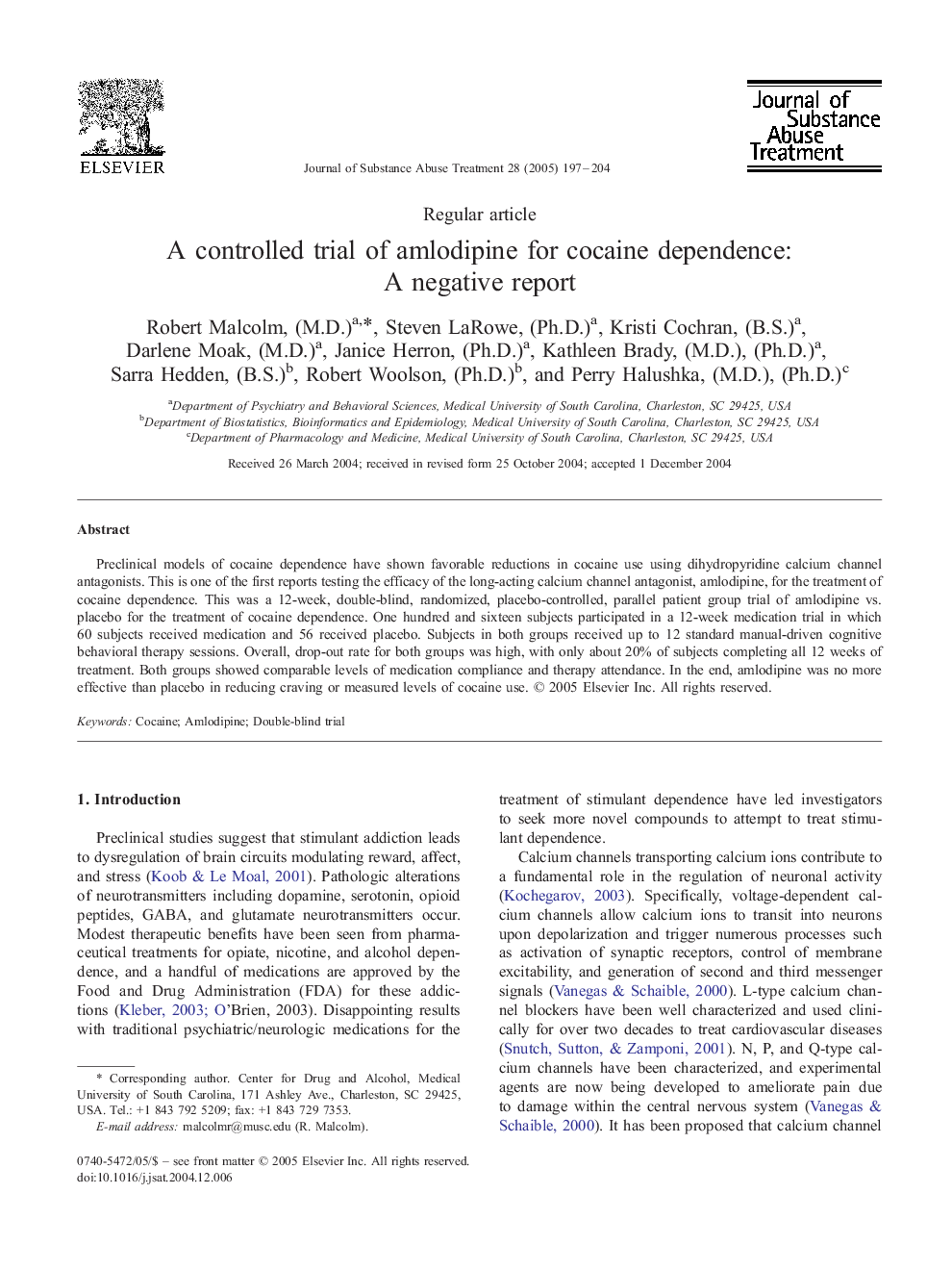 A controlled trial of amlodipine for cocaine dependence: A negative report